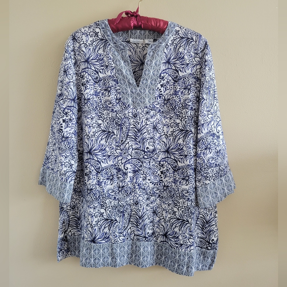 Sigrid Olsen | 100% Linen Tunic Blouse Blue Floral Medium EUC